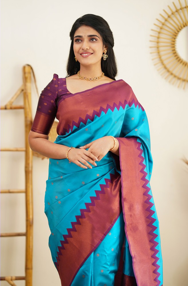 Vestigial Firozi Soft Banarasi Silk Saree With Sumptuous Blouse Piece