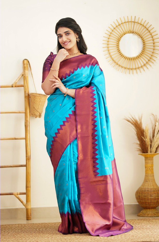 Vestigial Firozi Soft Banarasi Silk Saree With Sumptuous Blouse Piece