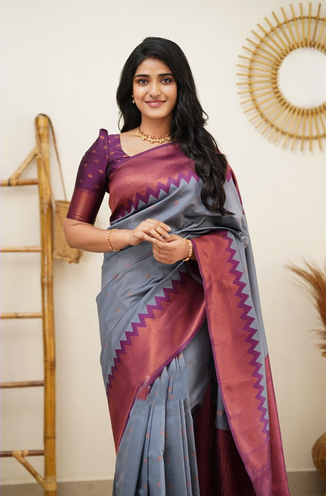 Scrumptious Grey Soft Banarasi Silk Saree With Elision Blouse Piece