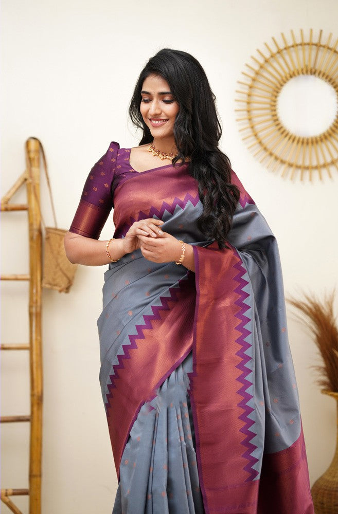 Scrumptious Grey Soft Banarasi Silk Saree With Elision Blouse Piece