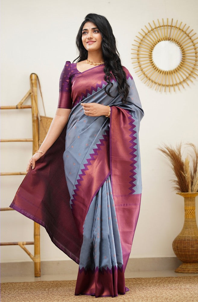 Scrumptious Grey Soft Banarasi Silk Saree With Elision Blouse Piece