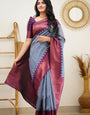 Scrumptious Grey Soft Banarasi Silk Saree With Elision Blouse Piece