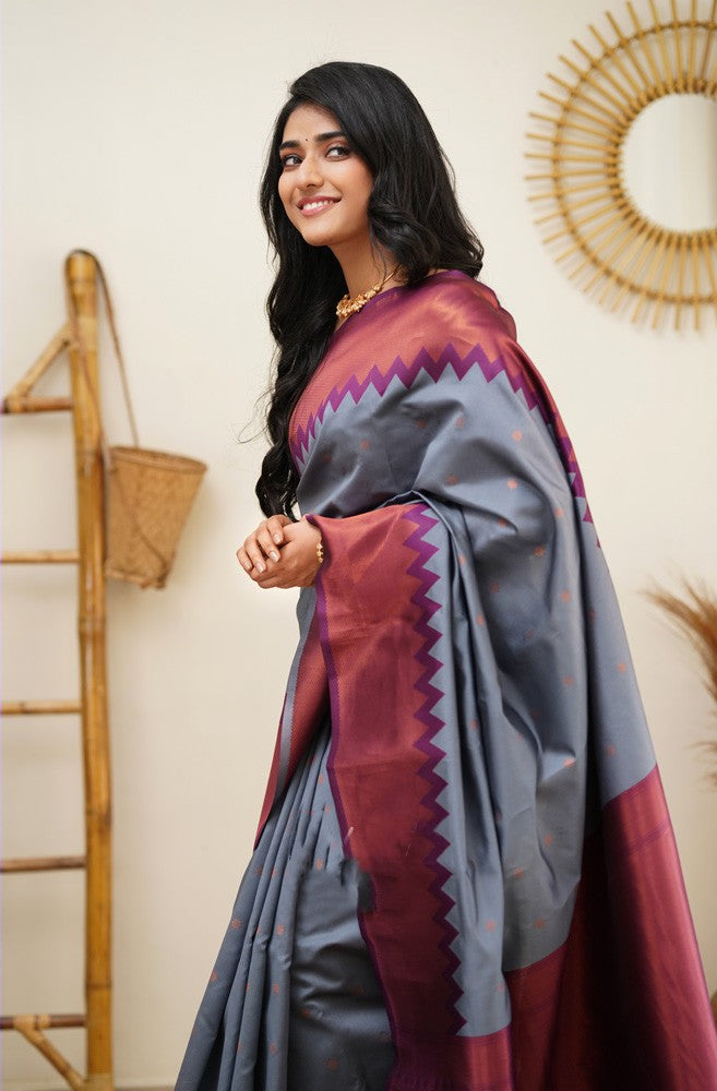 Scrumptious Grey Soft Banarasi Silk Saree With Elision Blouse Piece