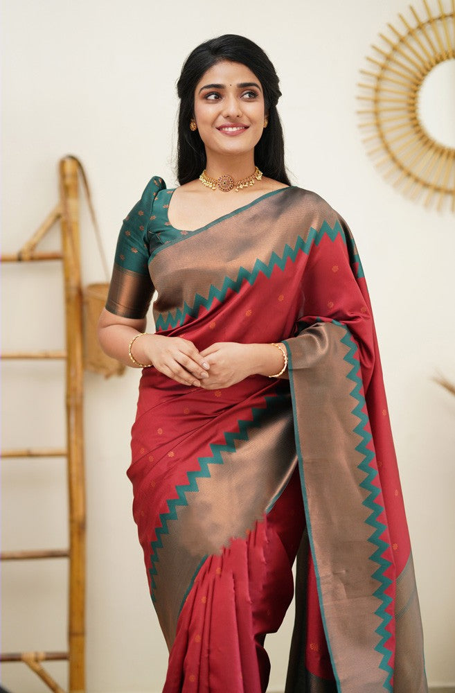 Ephemeral Maroon Soft Banarasi Silk Saree With Fugacious Blouse Piece