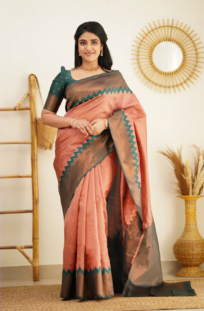 Scintillating Peach Soft Banarasi Silk Saree With Incredible Blouse Piece