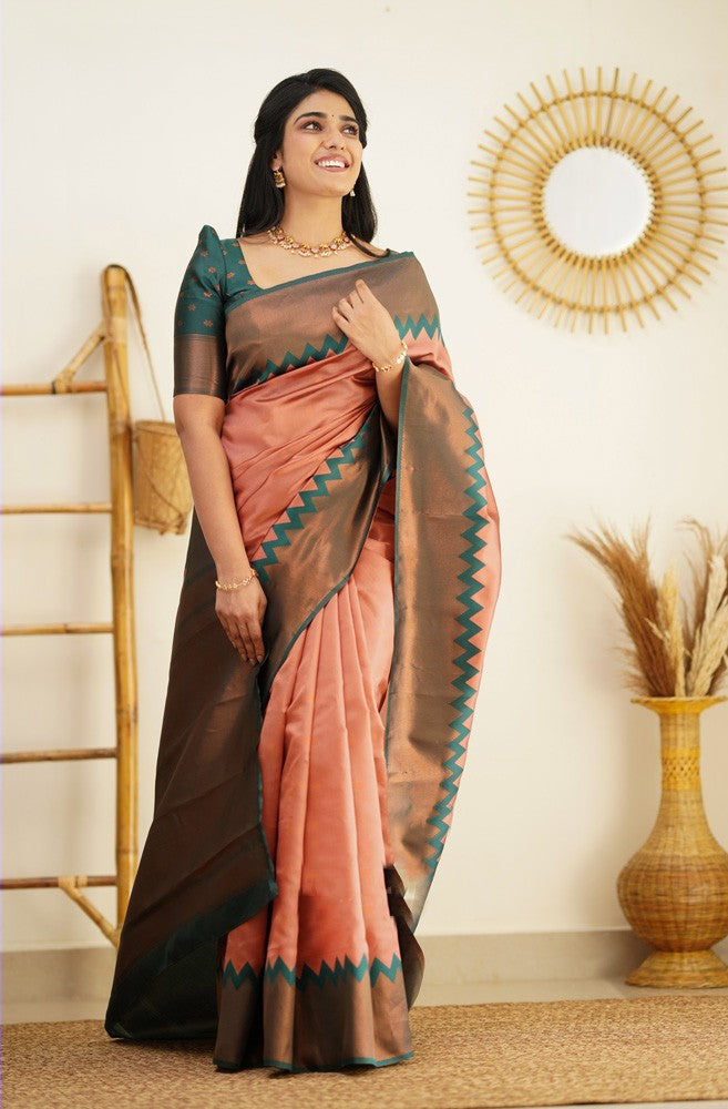 Scintillating Peach Soft Banarasi Silk Saree With Incredible Blouse Piece