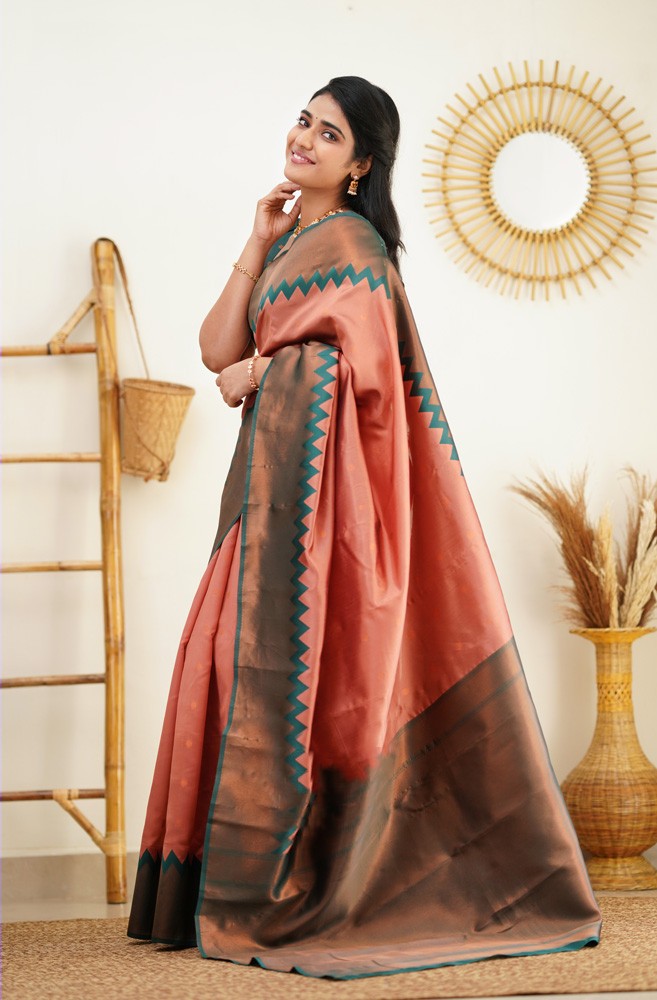 Scintillating Peach Soft Banarasi Silk Saree With Incredible Blouse Piece