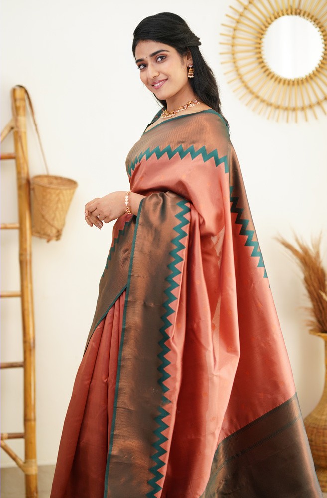 Scintillating Peach Soft Banarasi Silk Saree With Incredible Blouse Piece