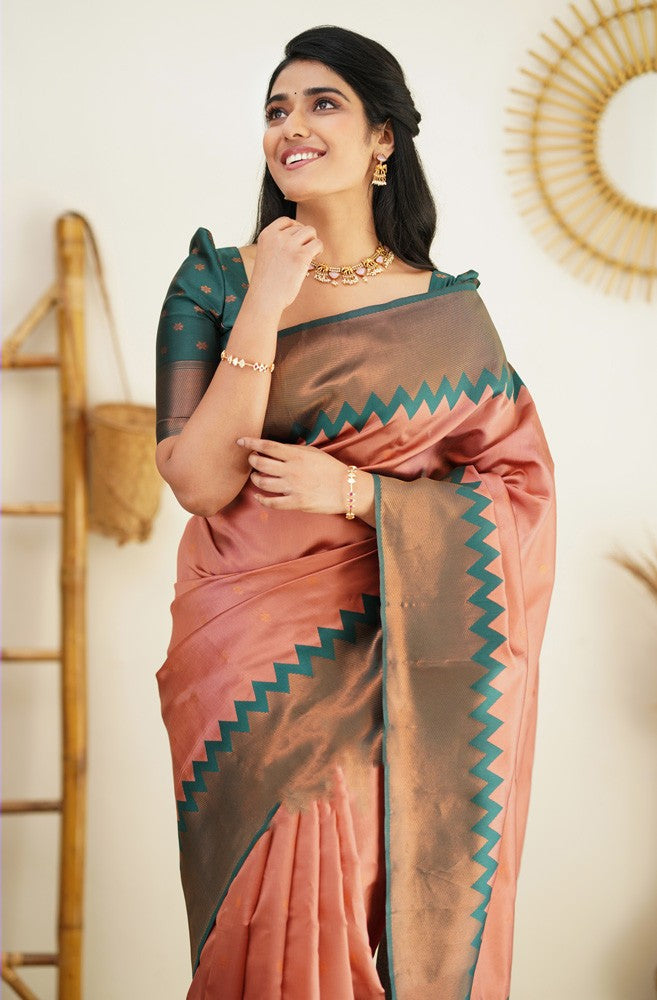 Scintillating Peach Soft Banarasi Silk Saree With Incredible Blouse Piece