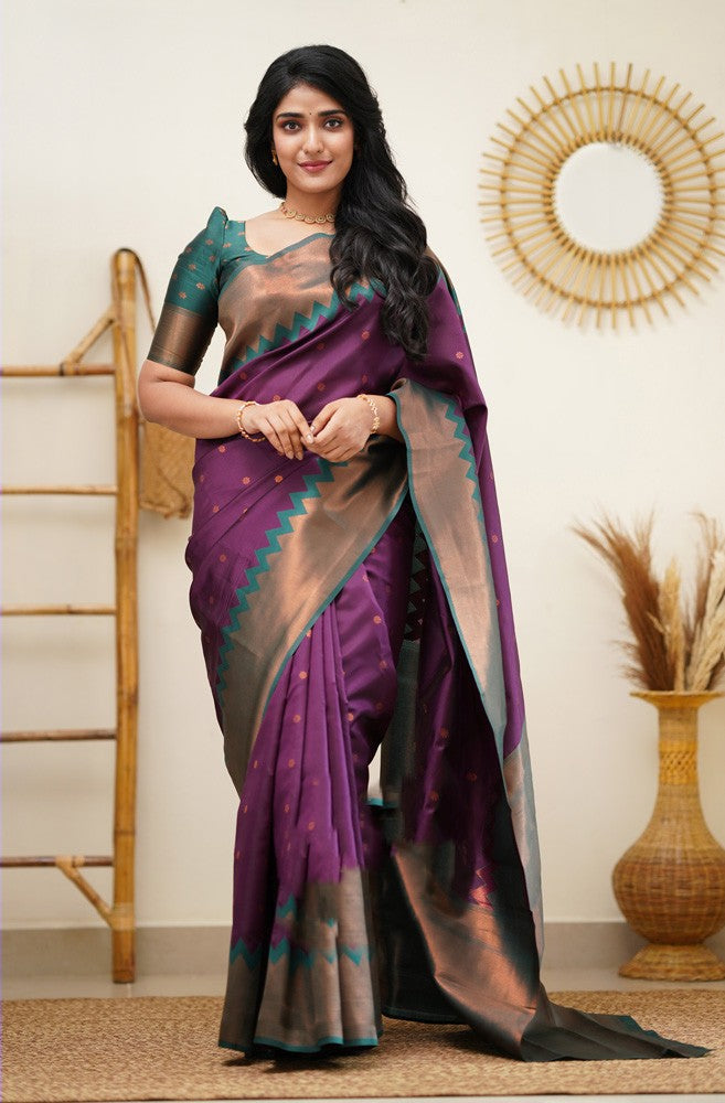 Cynosure Purple Soft Banarasi Silk Saree With Chatoyant Blouse Piece