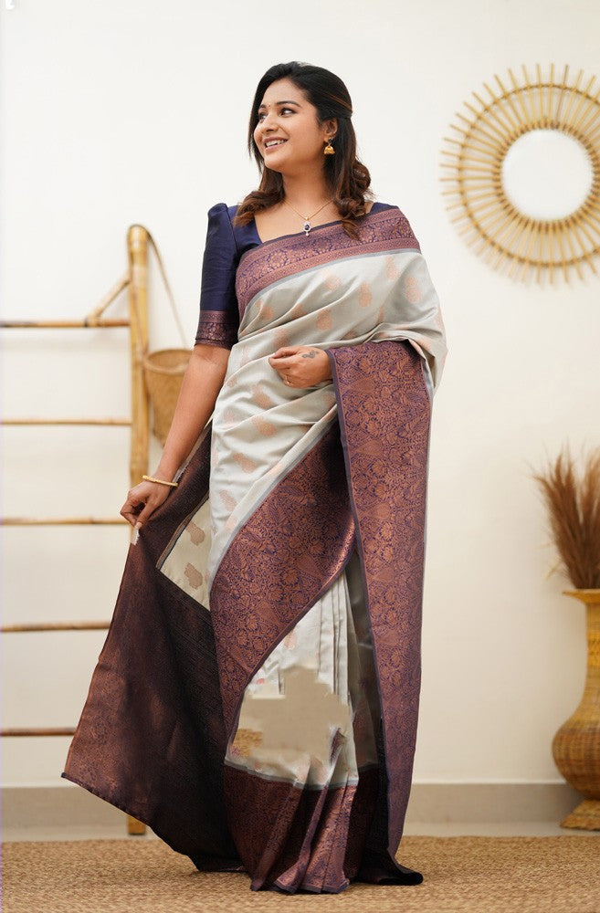 Enamoring Beige Soft Silk Saree With Ethnic Blouse Piece