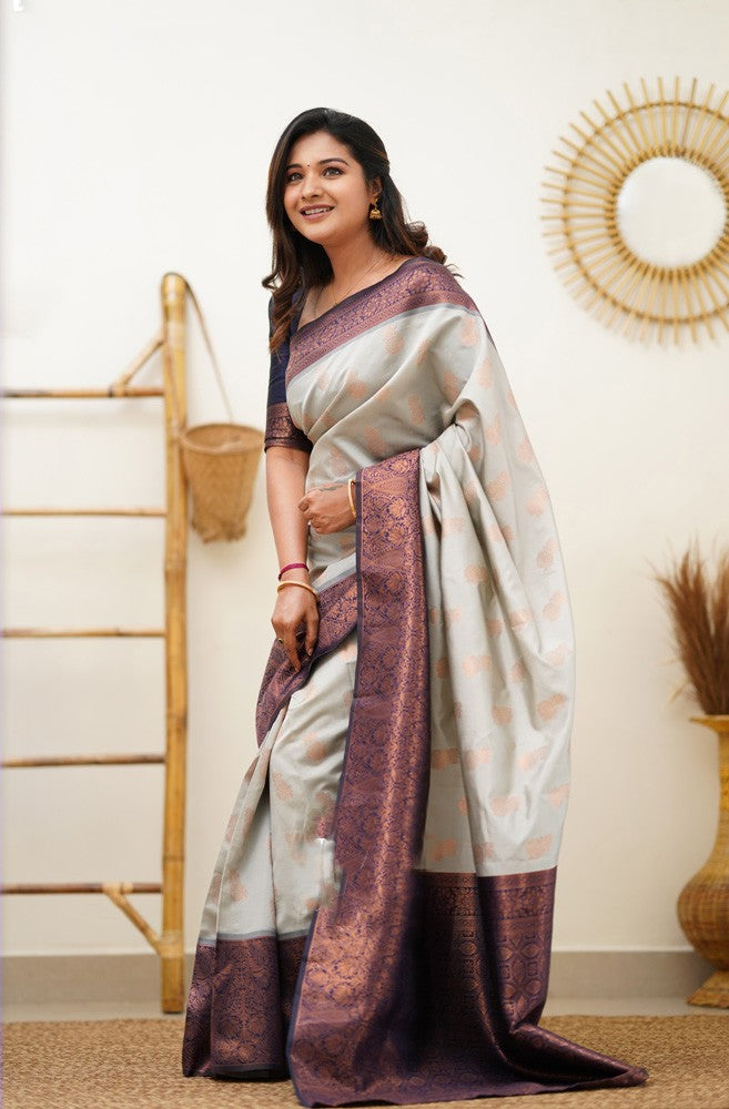 Enamoring Beige Soft Silk Saree With Ethnic Blouse Piece