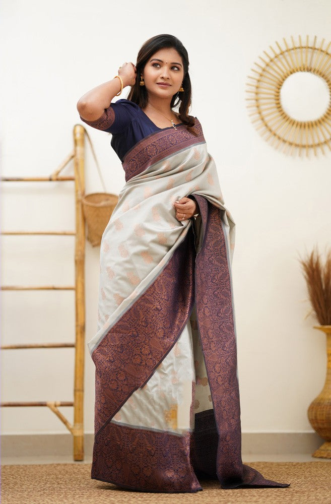 Enamoring Beige Soft Silk Saree With Ethnic Blouse Piece