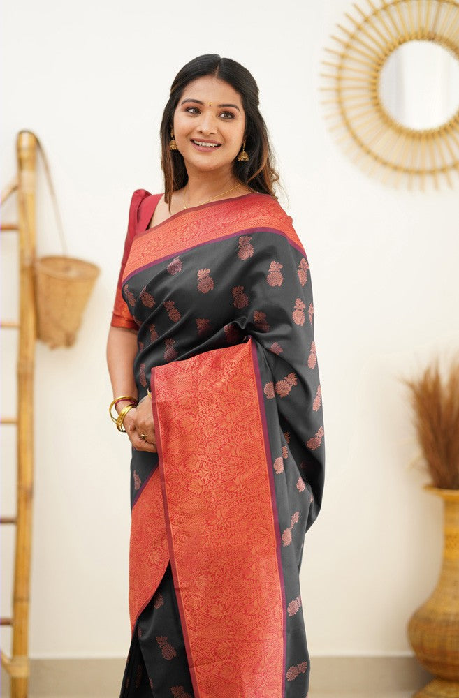 Unique Black Soft Silk Saree With Murmurous Blouse Piece