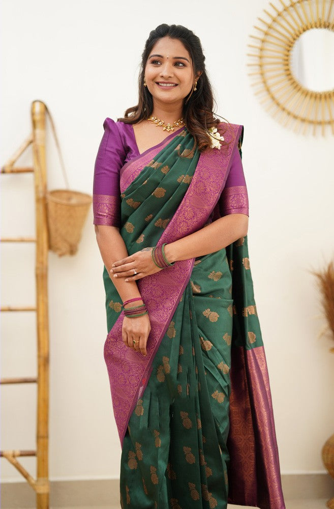 Woebegone Green Soft Silk Saree With Embellished Blouse Piece