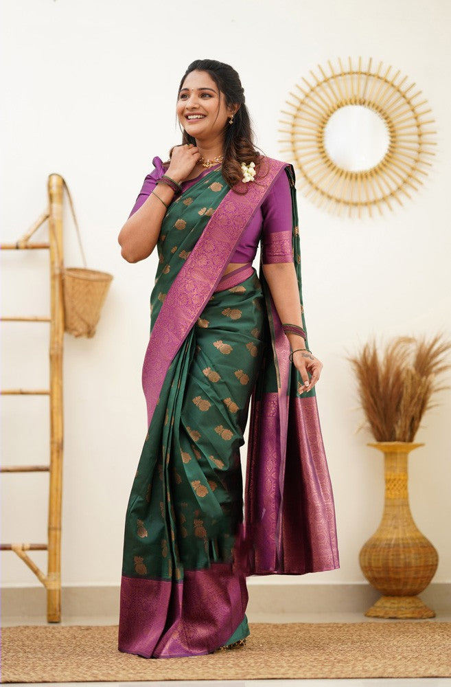 Woebegone Green Soft Silk Saree With Embellished Blouse Piece