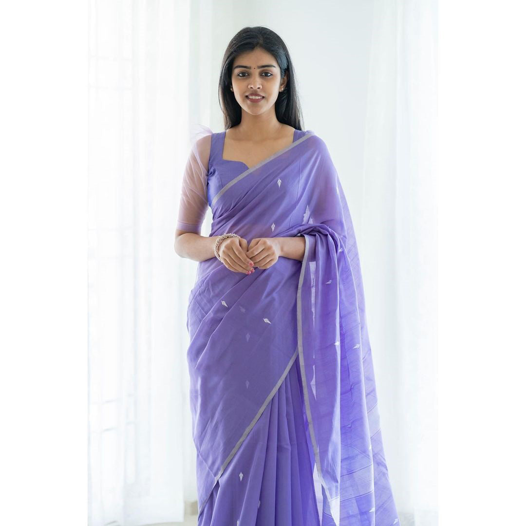 Glittering Lavender Cotton Silk Saree With Posh Blouse Piece