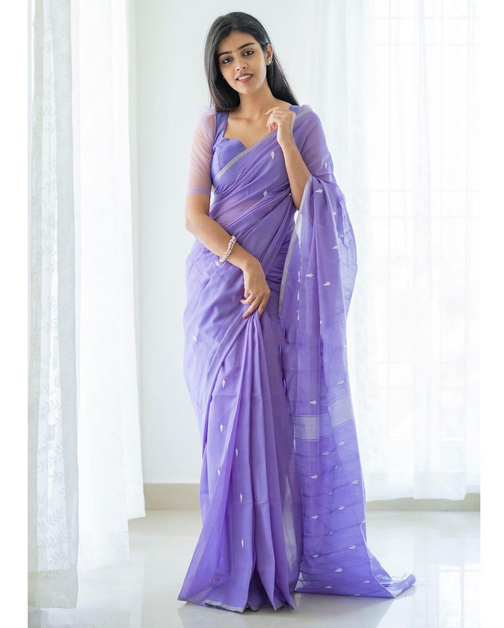 Glittering Lavender Cotton Silk Saree With Posh Blouse Piece