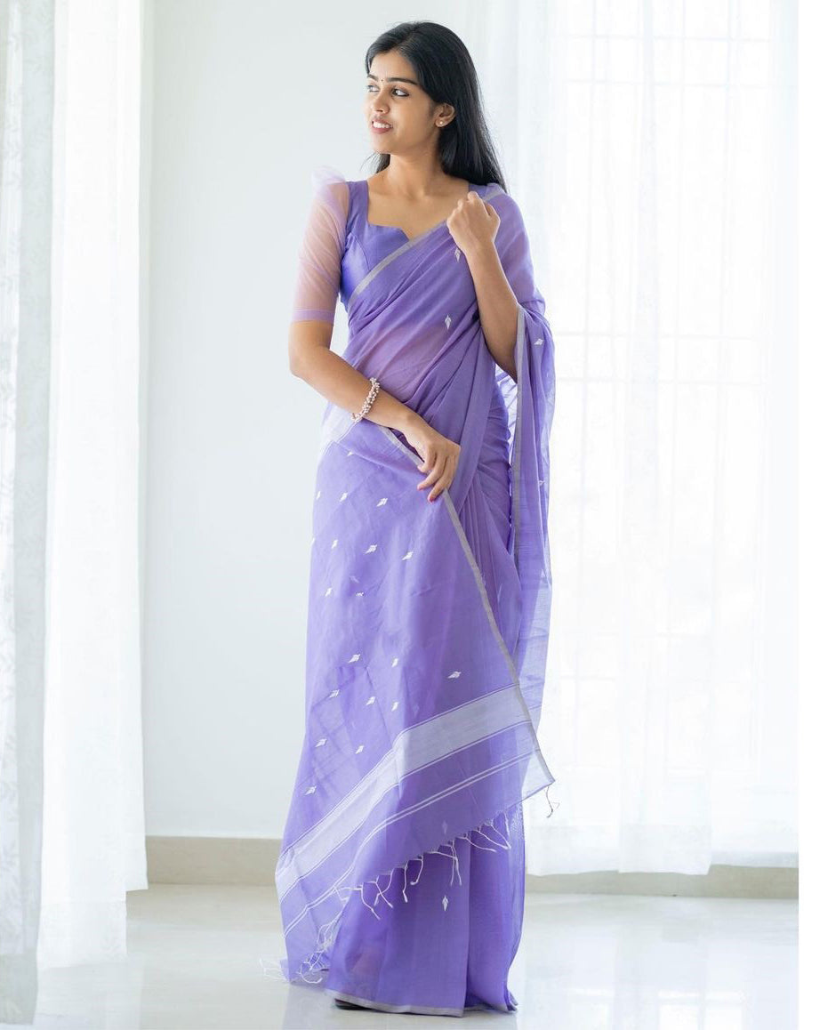 Glittering Lavender Cotton Silk Saree With Posh Blouse Piece