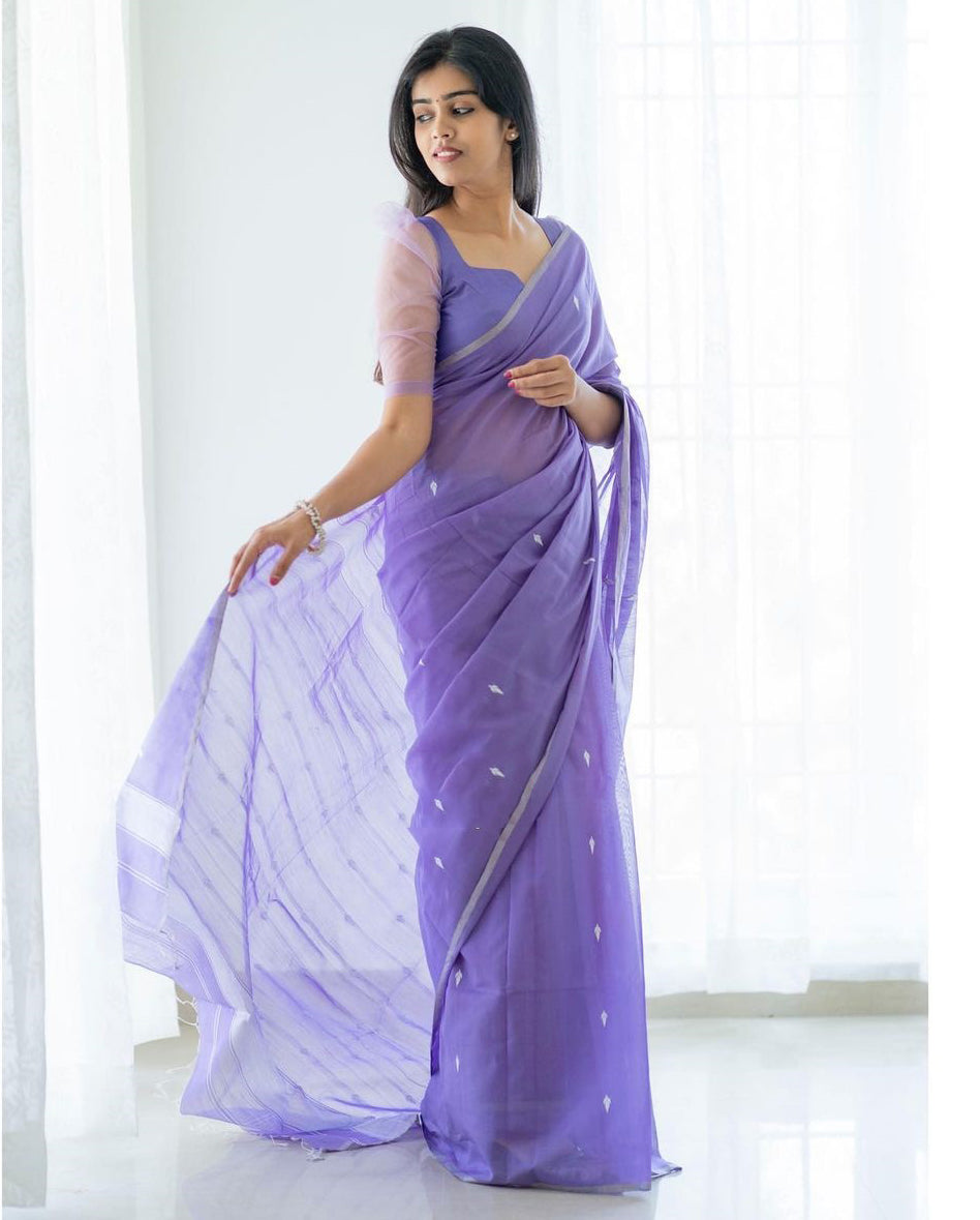 Glittering Lavender Cotton Silk Saree With Posh Blouse Piece