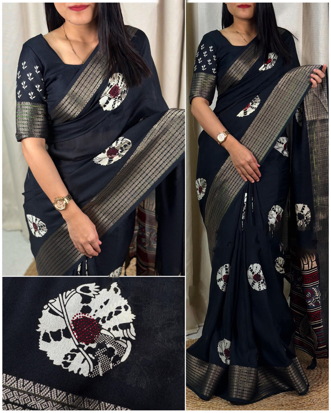 Enticing Black Digital Printed Dola Silk Saree With Classic Blouse Piece