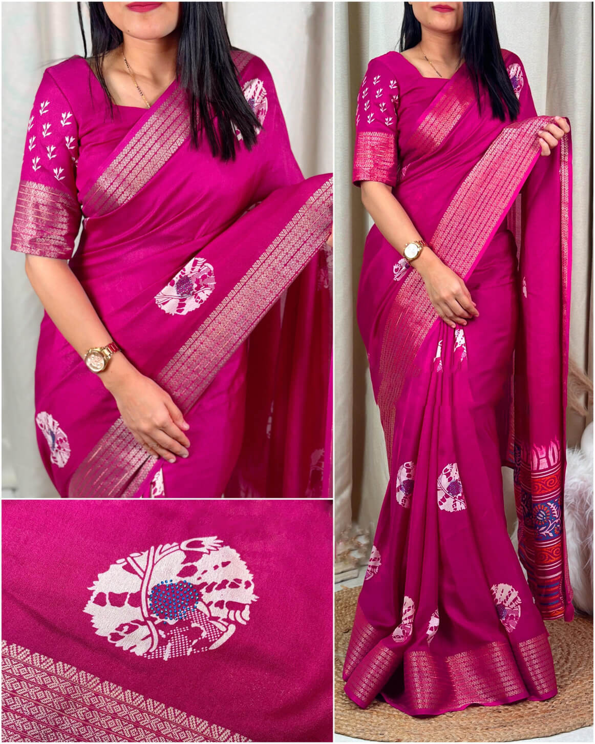 Evanescent Dark Pink Digital Printed Dola Silk Saree With Diaphanous Blouse Piece