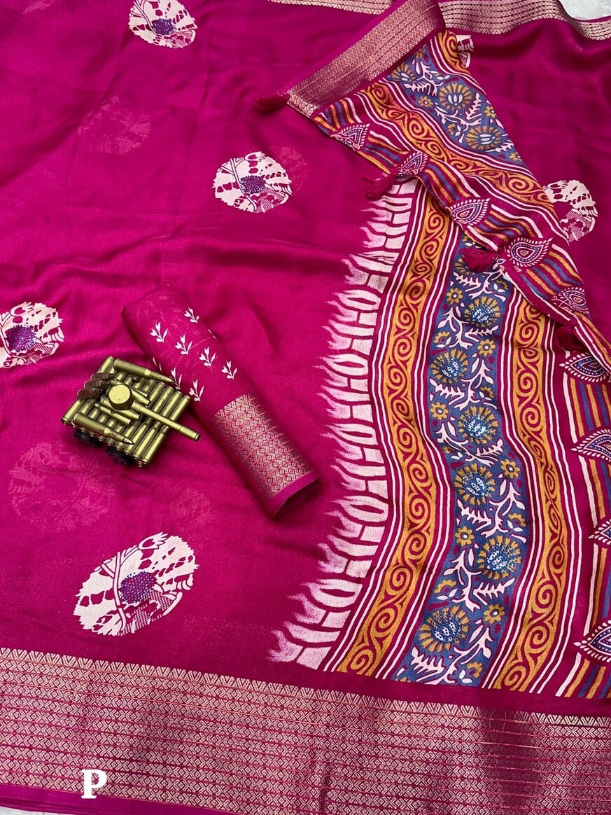 Evanescent Dark Pink Digital Printed Dola Silk Saree With Diaphanous Blouse Piece