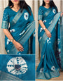 Flamboyant Firozi Digital Printed Dola Silk Saree With Arresting Blouse Piece