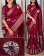 Demanding Maroon Digital Printed Dola Silk Saree With Unique Blouse Piece