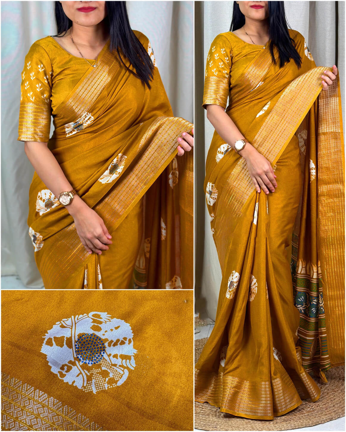 Skinny Mustard Digital Printed Dola Silk Saree With Energetic Blouse Piece