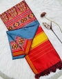 Supernal Firozi Ikkat Printed Patola Silk Saree With Pleasant Blouse Piece
