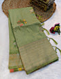 Charismatic Pista Banarasi Dola Silk Saree With Scintilla Blouse Piece