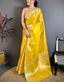 Opulent Golden Banarasi Tissue Silk Saree With Pleasant Blouse Piece