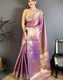 Fantabulous Lavender Banarasi Tissue Silk Saree With Brood Blouse Piece