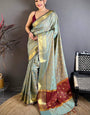 Trendy Grey Banarasi Tissue Silk Saree With Elision Blouse Piece