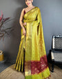 Transcendent Mehndi Banarasi Tissue Silk Saree With Luxuriant Blouse Piece