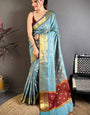 Confounding Sky Banarasi Tissue Silk Saree With Blissful Blouse Piece