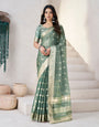 Diaphanous Green Zari Weaving Linen Silk Saree With Scrupulous Blouse Piece