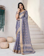 Seraglio Grey Zari Weaving Linen Silk Saree With Ratatouille Blouse Piece