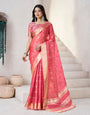 Profuse Pink Zari Weaving Linen Silk Saree With Resplendent Blouse Piece