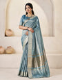 Rhapsody Blue Zari Weaving Linen Silk Saree With Comely Blouse Piece