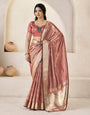 Flattering Peach Zari Weaving Linen Silk Saree With Bucolic Blouse Piece