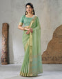 Prodigal Pista Zari Weaving Linen Silk Saree With Symmetrical Blouse Piece