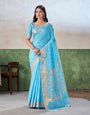 Ethereal Firozi Zari Weaving Linen Silk Saree With Angelic Blouse Piece