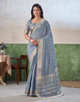 Glittering Grey Zari Weaving Linen Silk Saree With Charming Blouse Piece