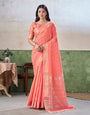 Admirable Peach Zari Weaving Linen Silk Saree With Vivacious Blouse Piece