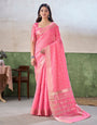 Evanescent Pink Zari Weaving Linen Silk Saree With Prettiest Blouse Piece