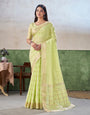 Lagniappe Pista Zari Weaving Linen Silk Saree With Designer Blouse Piece