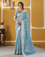 Petrichor Sky Zari Weaving Linen Silk Saree With Evocative Blouse Piece