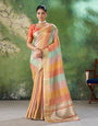 Ineffable Multicolor Zari Weaving Linen Silk Saree With Groovy Blouse Piece